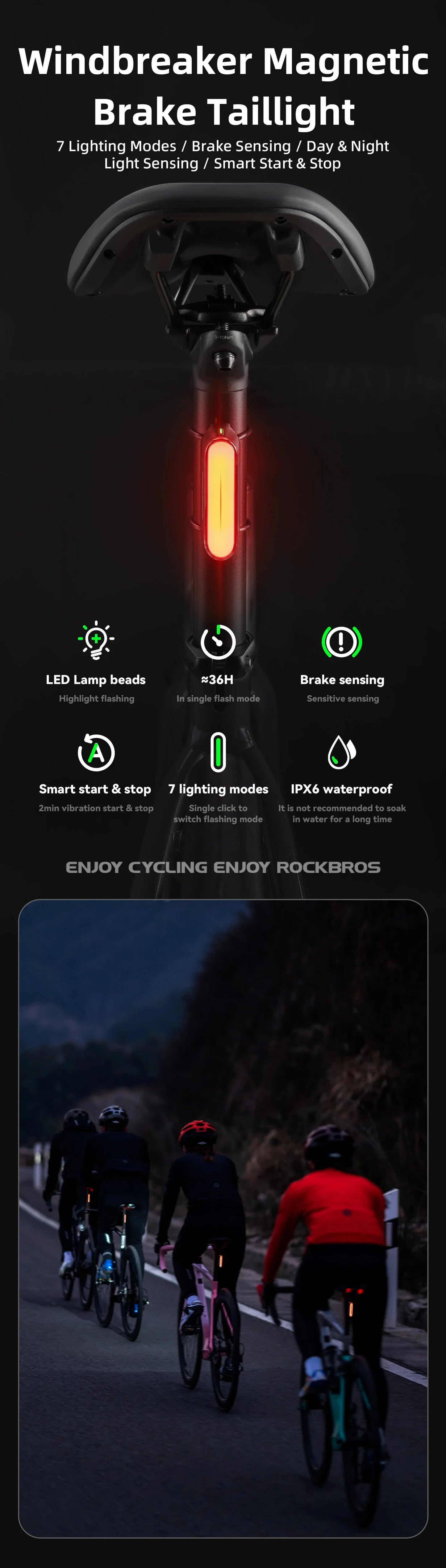 ROCKBROS Bicycle Light Magnetic Smart Tail Light Type-C Charge 7 modes 400mAh LED Lamp Beads Intelligent Brake Sensor Function