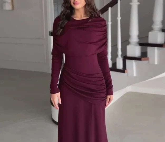 Womens Dresses Spring New Round Neck Long Sleeves Elegant Temperament Ruched Waist Cinching Skinny Evening long Dress