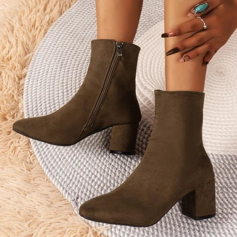 Ladies Shoes on Sale 2023 Zipper Women's Boots Autumn Square Toe Solid Short Barrel Shoes Female Chunky Heel Rider Boots Zapatos - Belvar