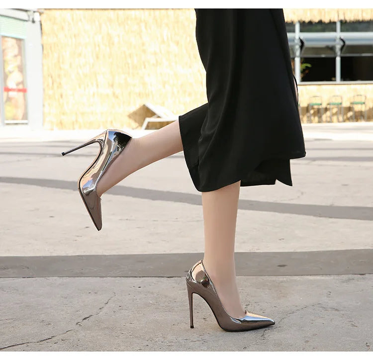 High Heels for Women ELEGANT Sweet Fashion British Style Slip-On 12CM Thin Heels Pointed Toe Office Career Women Shoes Gold 46 - Belvar