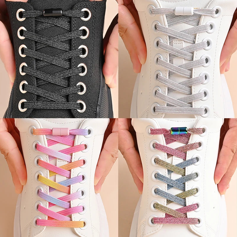 1Pair No Tie Shoe Laces Colorful Buckle Golden Shoelaces Pearl Light Colorful Fashion Without Ties Elastic Laces 