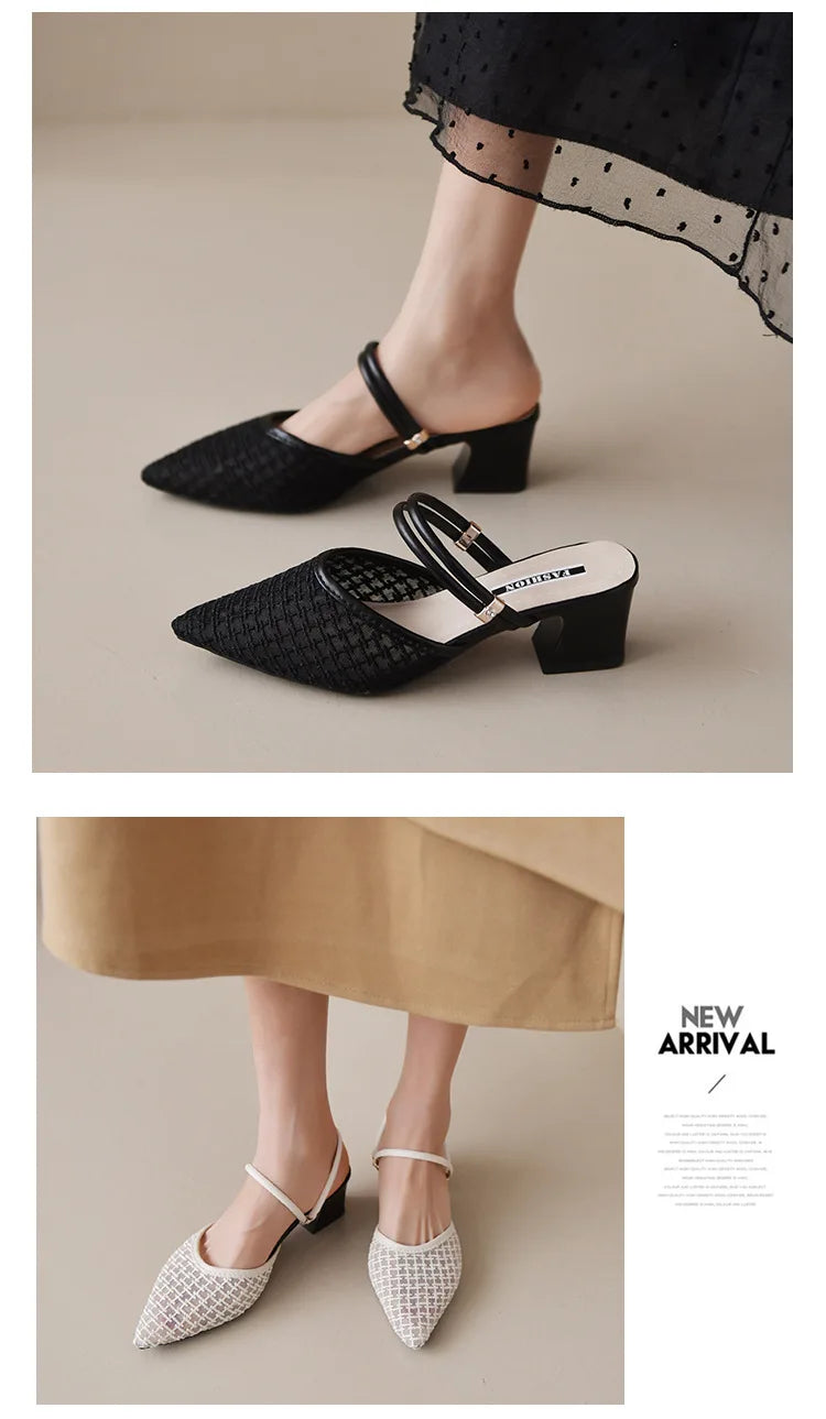 Women's New Slippers Minimalist Fashionable Thick-heeled Slip-on Sandals Summer Two-way Outer Wear One Line High Heel Slippers - Belvar