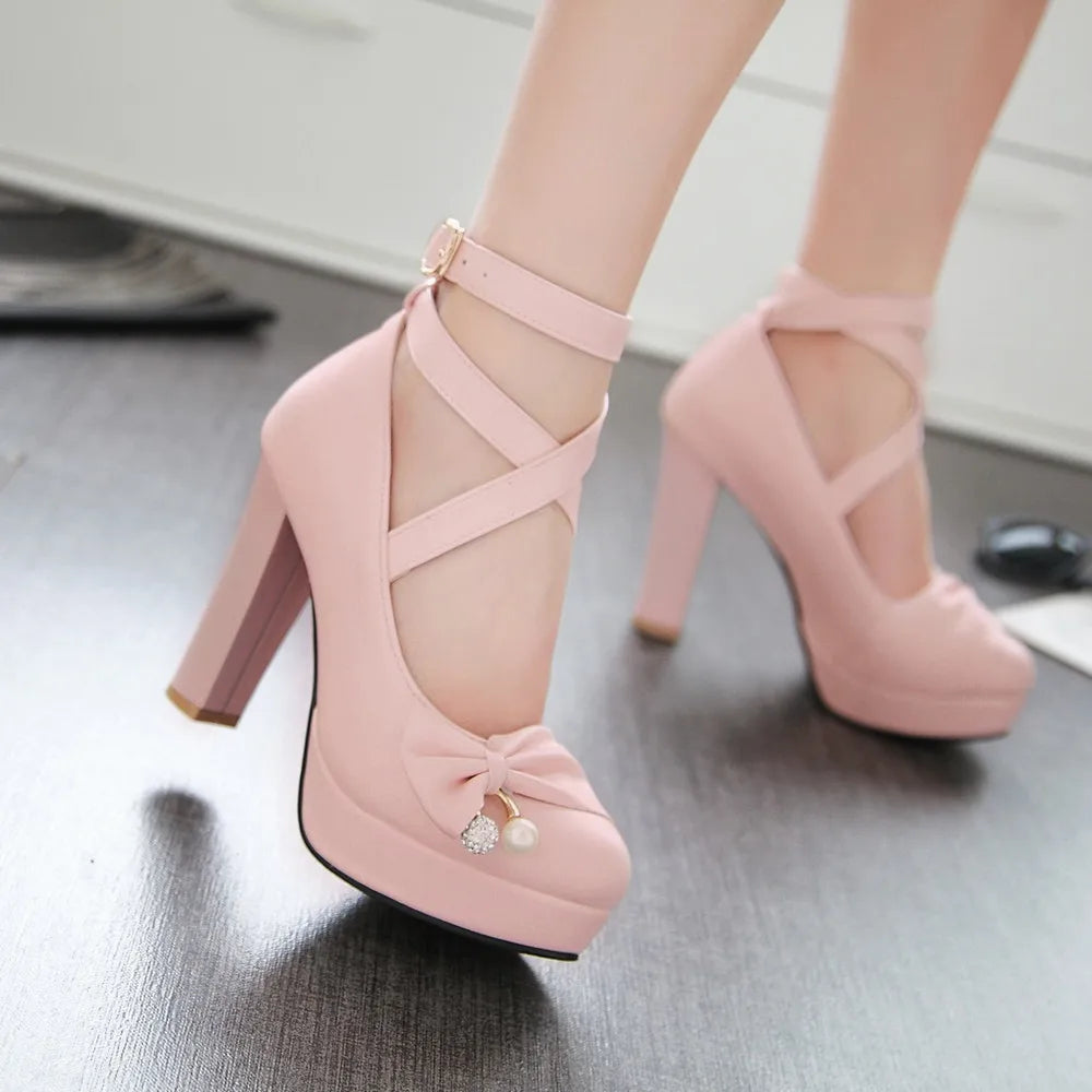 High Heels Women 2025 Trend Chunky Heels Platform Lolita Mary Jane Elegant Party Korean Shoes Dress White The Glossy Fashion - Belvar