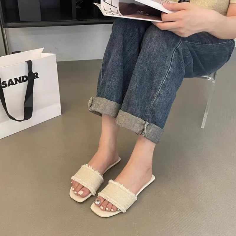 Women's Slippers Solid Color Open-toe Set Foot Vacation Beach Flat Sandals Casual Flip Flops Summer Indoor Women Slides Shoes - Belvar