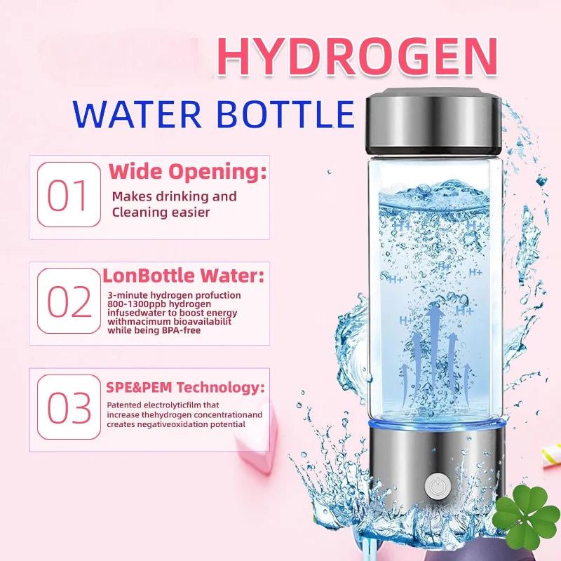 Portable Hydrogen Water Bottle Generator Ionizer Machine Rechargeable Hydrogen Rich Water Glass Health Cup 450ml Gift