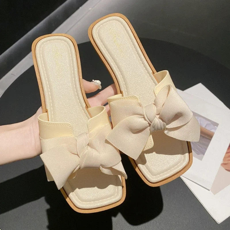 Bow slippers female summer wear new fashionable sweet girl flat bottom non-slip fairy wind word cool slippers female - Belvar