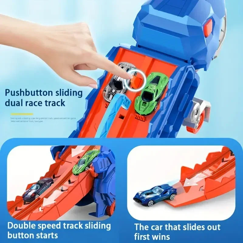 Transport Dinosaur Truck with Foldable Sliding Race Track Transforms into Standing T-rex Best Birthday Gifts Toys Boys Girls Kid