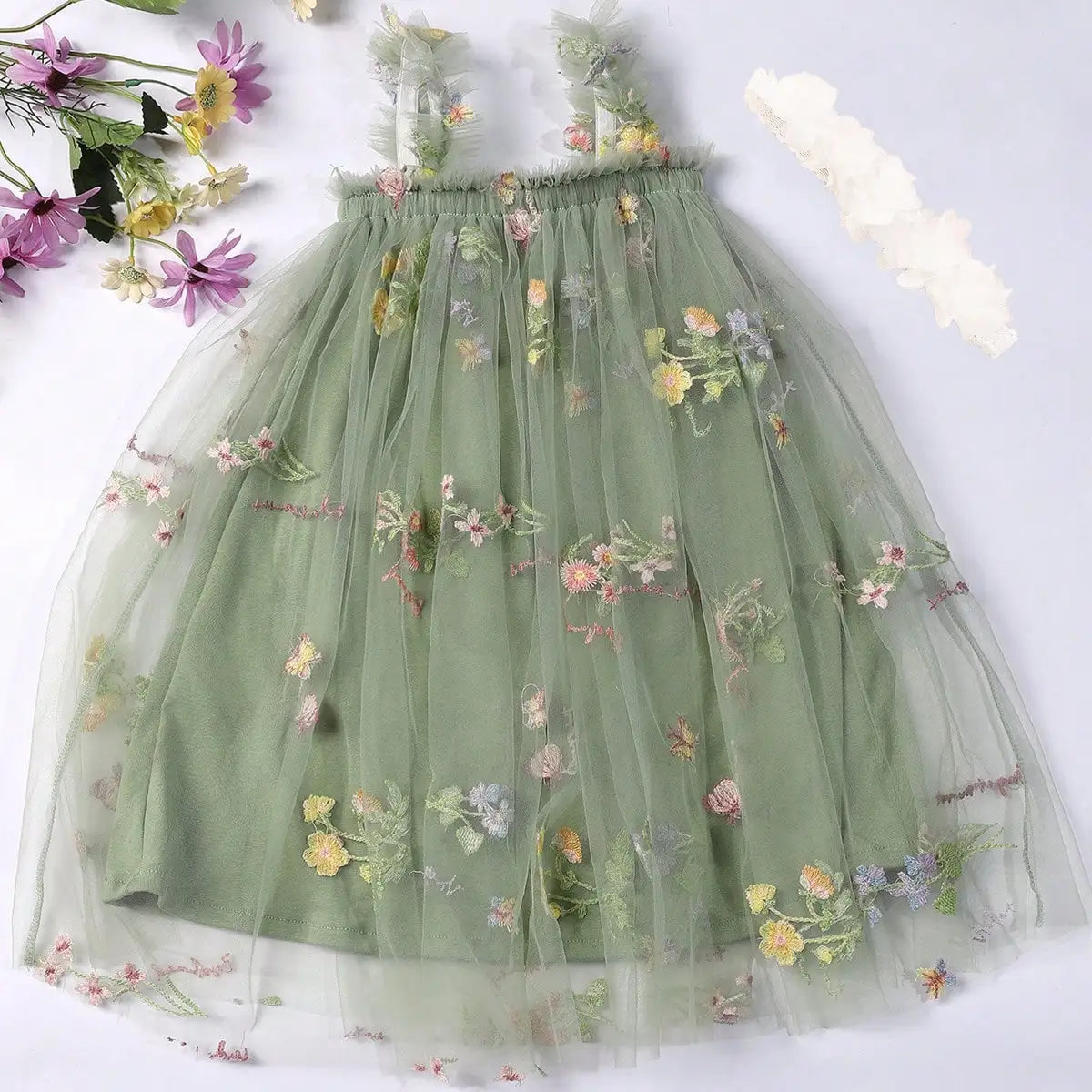 Toddler Baby Girls Tutu Dress Sleeveless Embroidery Floral Print Tulle Dress Little Girl Princess Dresses with Flower Headband