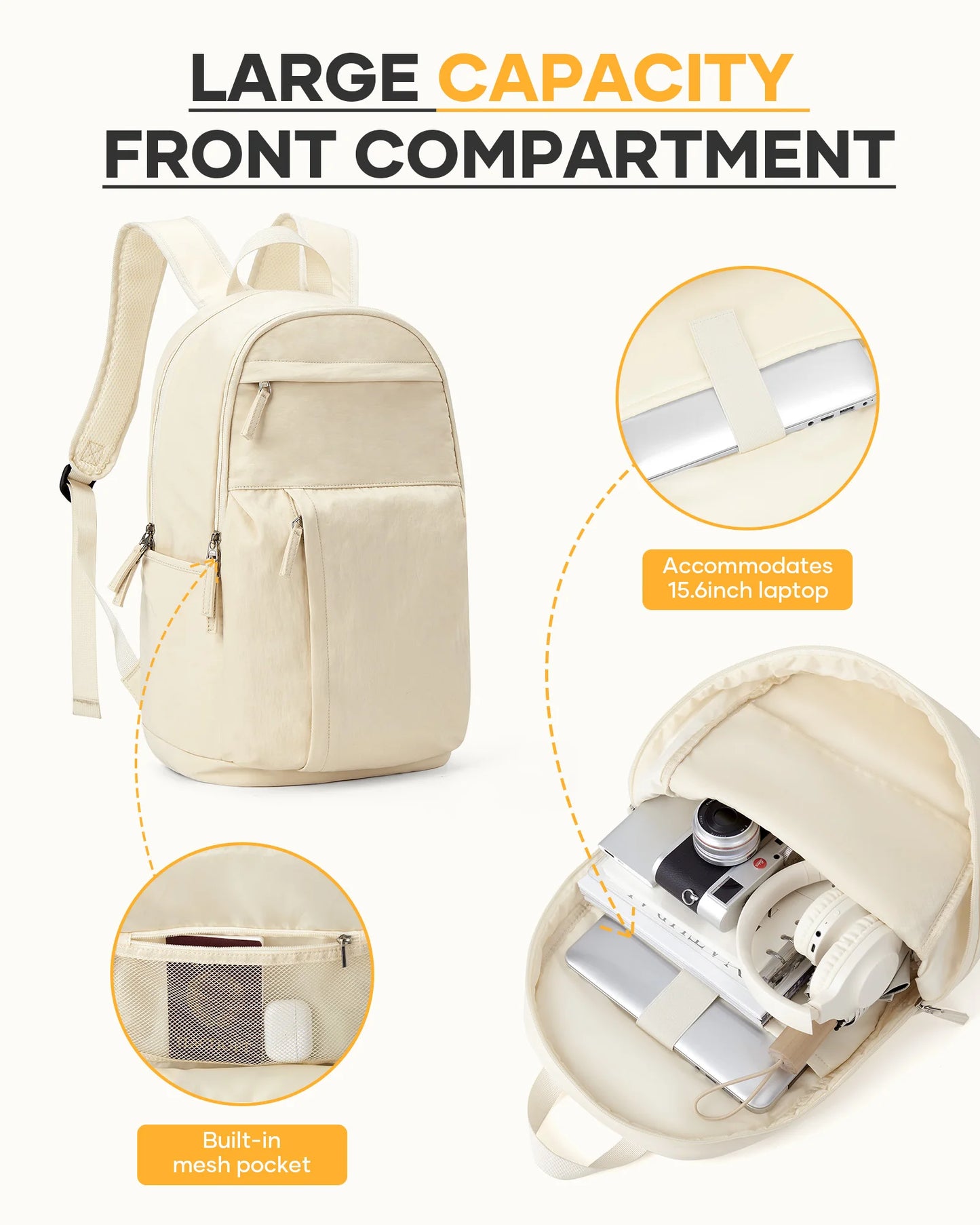 Schoolbag, female college student commuter backpack, computer backpack, college style, super cute, good-looking,beige