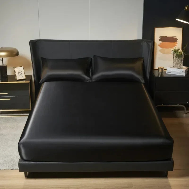 Solid Color Satin Surface Fitted Sheet 1PC Queen Size Bed Sheets 100/120/150/180/200cm Sheet with Elastic Band (No Pillowcase)
