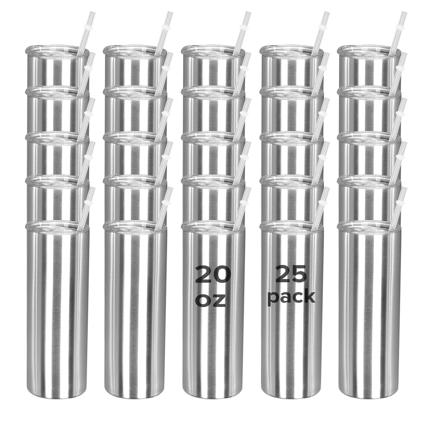 25 Pack 20OZ Silvery Stainless Steel tumbler with Lid & Straw - Slim Straight Vacuum Insulated Cup