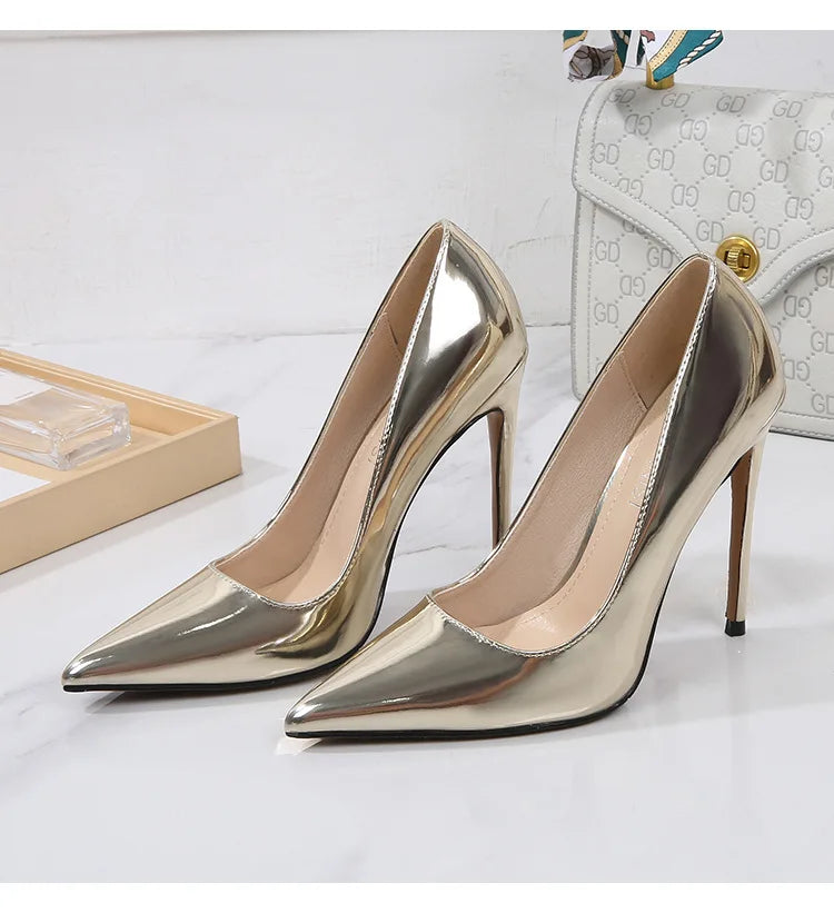 High Heels for Women ELEGANT Sweet Fashion British Style Slip-On 12CM Thin Heels Pointed Toe Office Career Women Shoes Gold 46 - Belvar