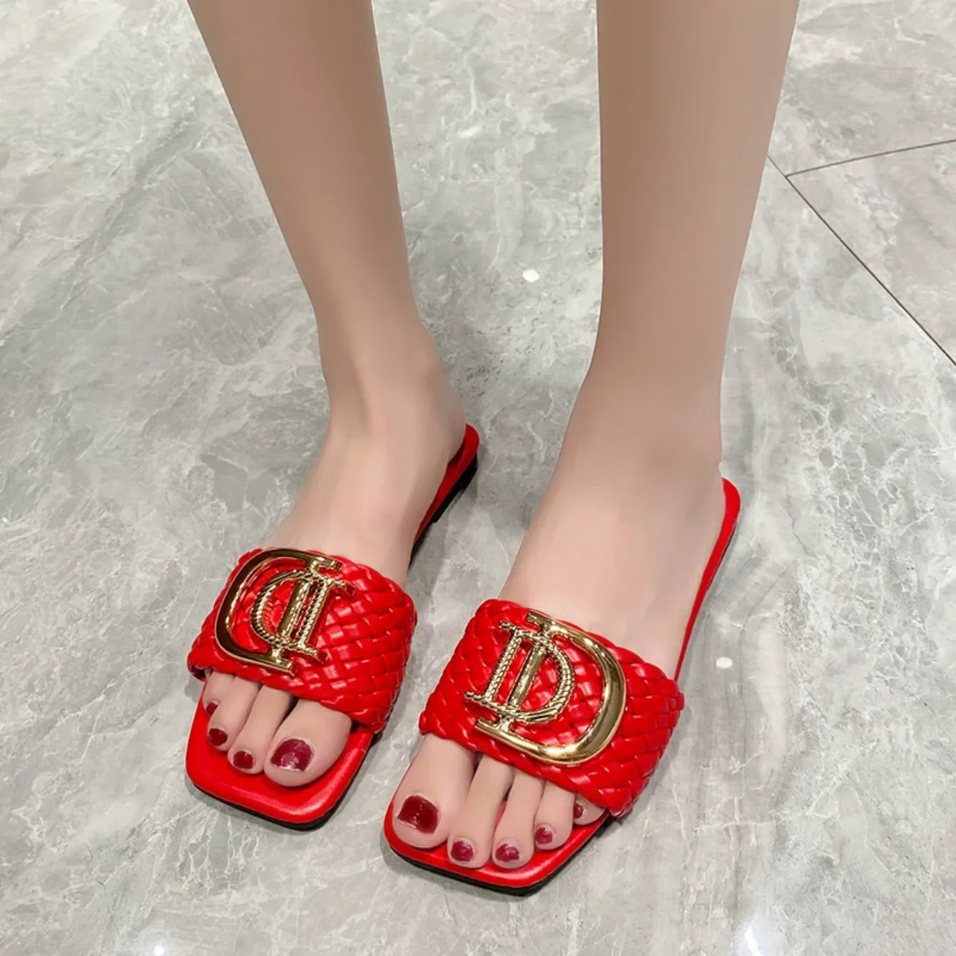 Women Slippers Party Sexy Elegant Slippers Women Luxury Decor Weave Designer Flat Sandals Fashion Open-toe Vacation Slides Women - Belvar