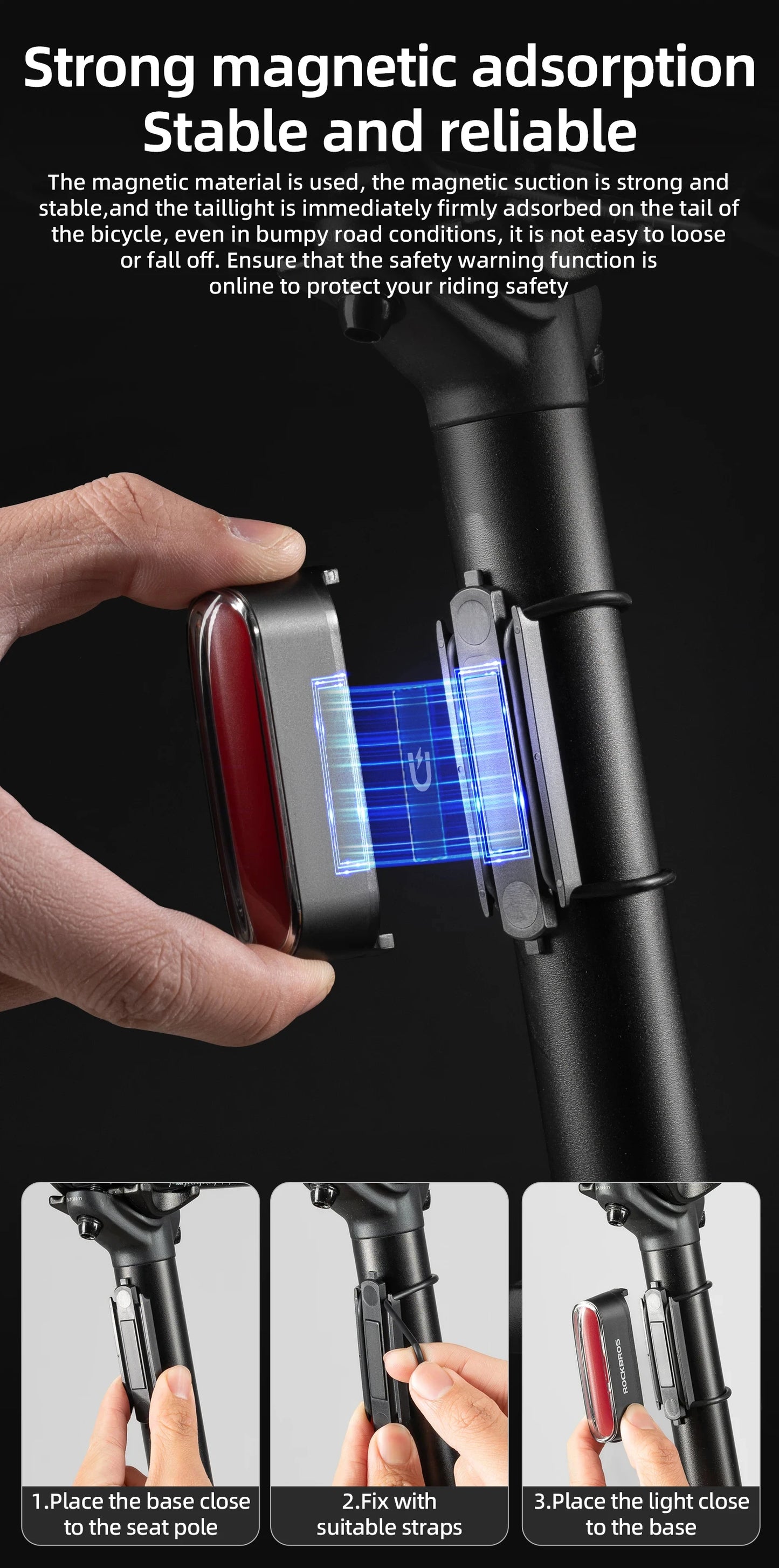 ROCKBROS Bicycle Light Magnetic Smart Tail Light Type-C Charge 7 modes 400mAh LED Lamp Beads Intelligent Brake Sensor Function