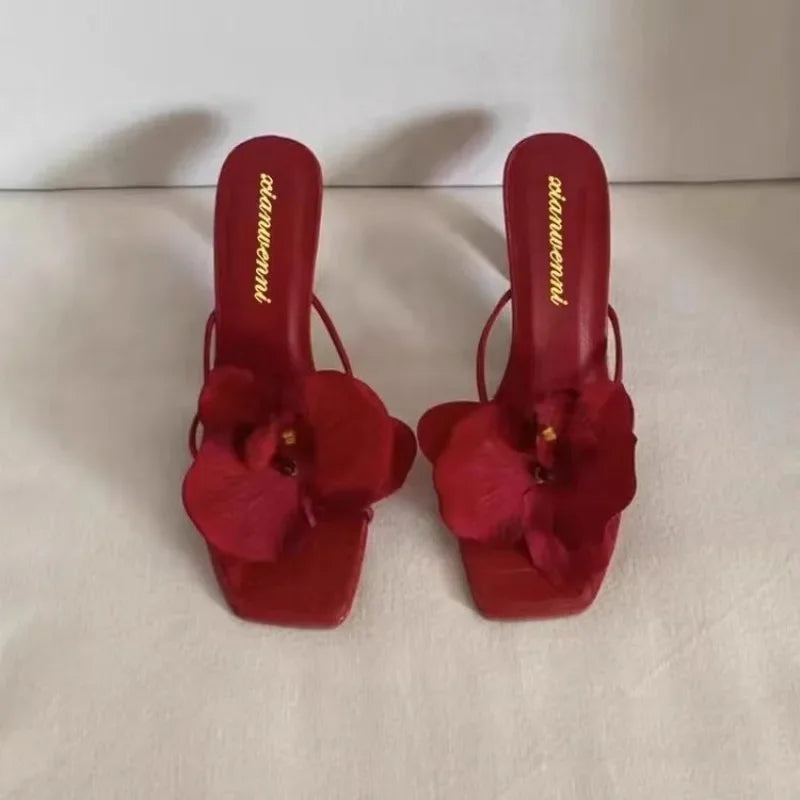 Brand Shoes Female 2025 Summer New Elegant Flowers Design Women's Slippers Casual Fashionable Outer Wear High Heel Slides Women - Belvar