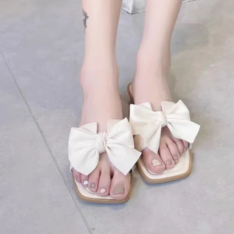 Bow slippers female summer wear new fashionable sweet girl flat bottom non-slip fairy wind word cool slippers female - Belvar
