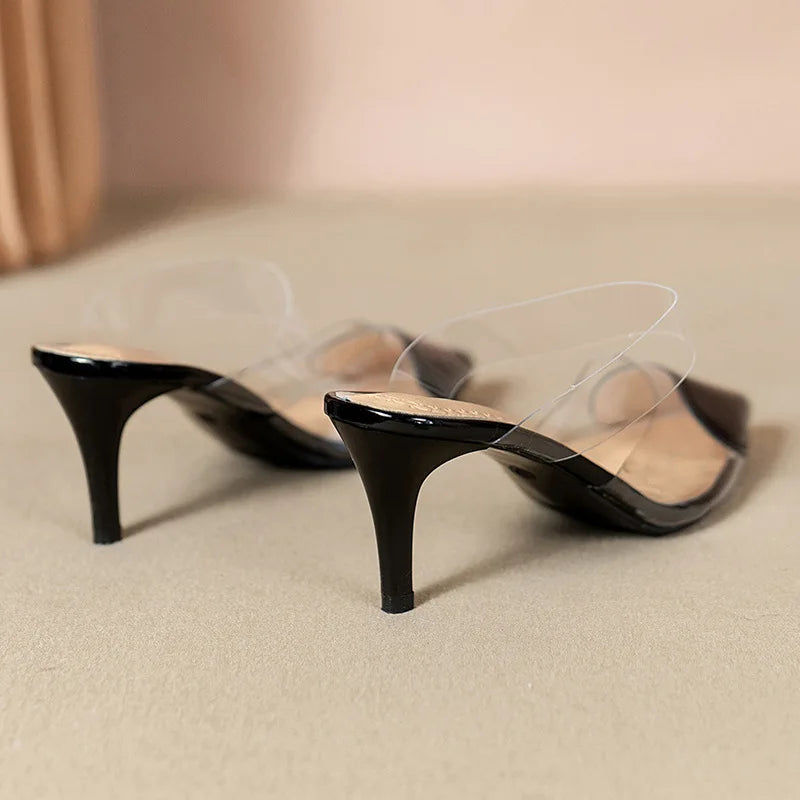 Pointed Toe Slippers,2024 High Heeled Summer Shoes,Transparent PVC Slides,Outside Wearing,Slip On,Black,White,Red,35-40,Dropship - Belvar