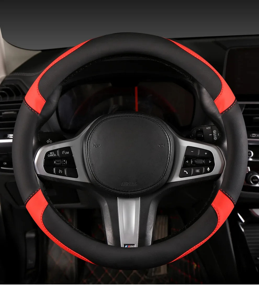Car Steering Wheel Cover - Universal Car for Diverse Cars, Durable Leather Cover with Anti-Slip Lining, Fit for 14.5"-15" - Belvar
