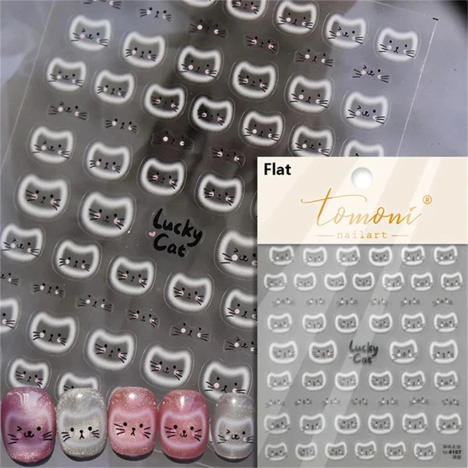 White Halo Dyeing Cat Face Cup Black Orange Toy Umbrella Love Heart Kitty Cake Embossed Relief Nail Art Stickers Manicure Decals