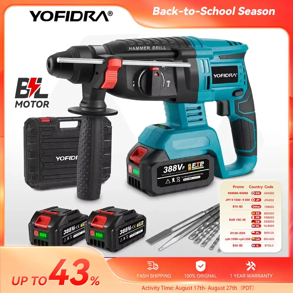 YOFIDRA 26MM Brushless Electric Hammer Drill Multifunctional Rotary Cordless Rechargeable Power Tools For Makita Battery Pin