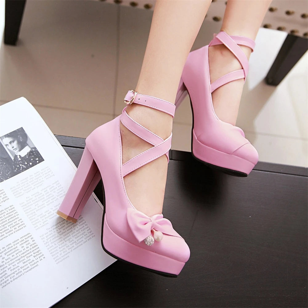 High Heels Women 2025 Trend Chunky Heels Platform Lolita Mary Jane Elegant Party Korean Shoes Dress White The Glossy Fashion - Belvar