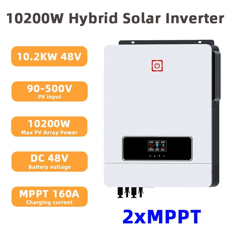 Y&H 10KW Hybrid Solar Inverter 48V 230V 10.2KW On/Off Grid Pure Sine Wave Inverter 2xMPPT 160A Solar Battery Charger BMS WiFi