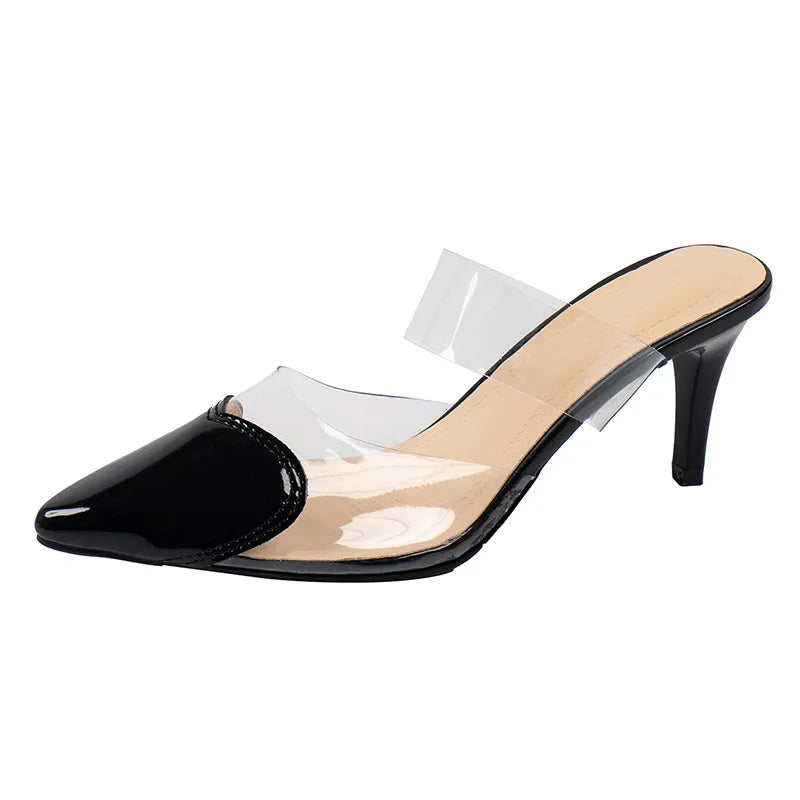 Pointed Toe Slippers,2024 High Heeled Summer Shoes,Transparent PVC Slides,Outside Wearing,Slip On,Black,White,Red,35-40,Dropship - Belvar