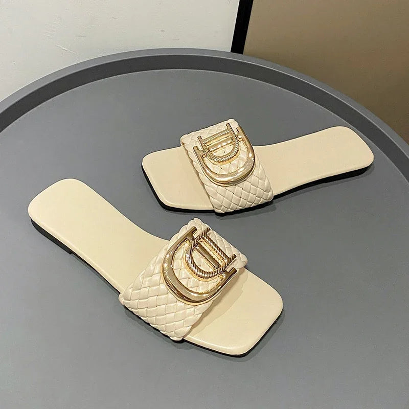 Women Slippers Party Sexy Elegant Slippers Women Luxury Decor Weave Designer Flat Sandals Fashion Open-toe Vacation Slides Women - Belvar