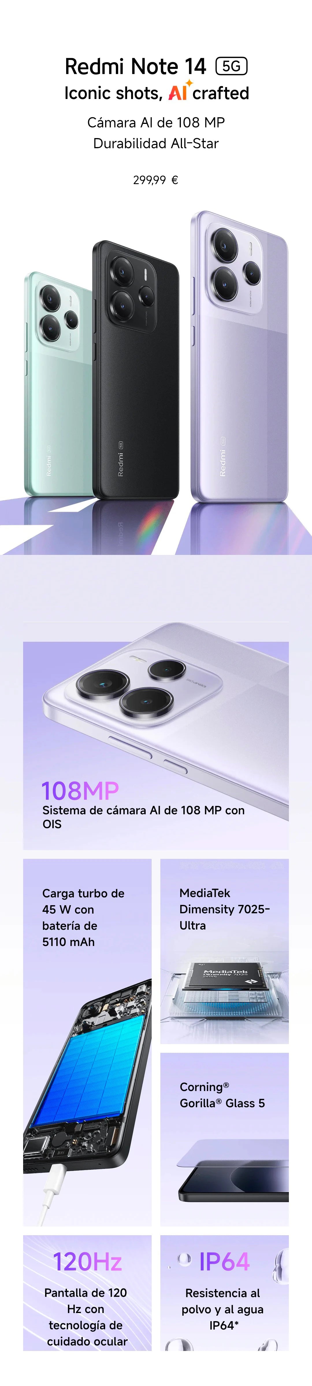 Xiaomi Redmi Note 14 5G European Version 8+256GB Dimensity 7025-Ultra AMOLED Display 6.67" 120Hz 108MP Main Camera OIS 45W Charging, IP64, NFC