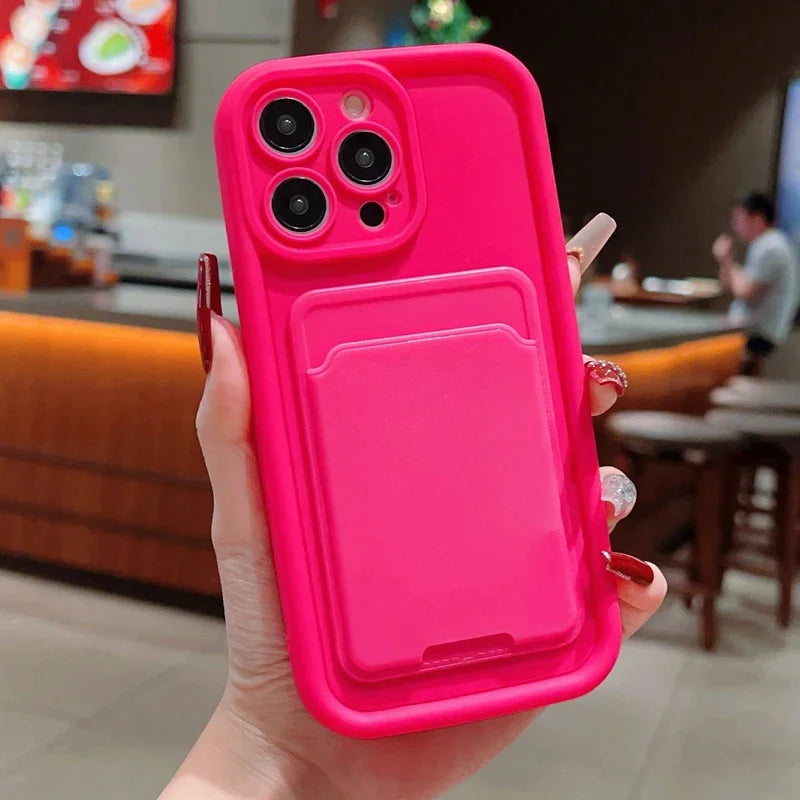 With Card Holder Silicone Soft Phone Case For iPhone 15 14 13 12 11 Pro Max XS XR 7 8 Plus SE 2020 2022 Shockproof Candy Cover