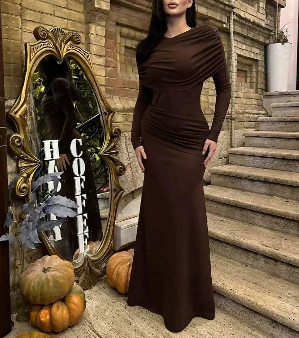 Womens Dresses Spring New Round Neck Long Sleeves Elegant Temperament Ruched Waist Cinching Skinny Evening long Dress