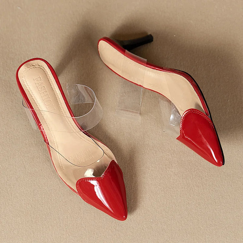 Pointed Toe Slippers,2024 High Heeled Summer Shoes,Transparent PVC Slides,Outside Wearing,Slip On,Black,White,Red,35-40,Dropship - Belvar