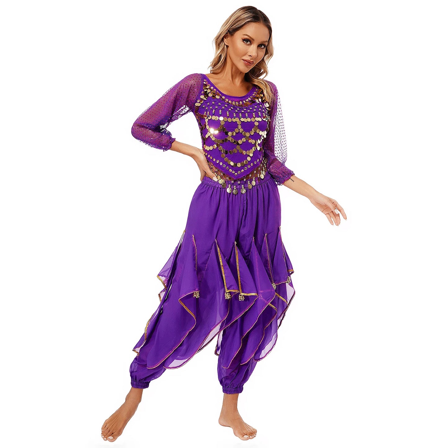 Womens Indian Belly Dance Performance Costume Sequined Long Sleeve Chiffon Tops Self-tie Back Irregular Hem Crop Top with Pants