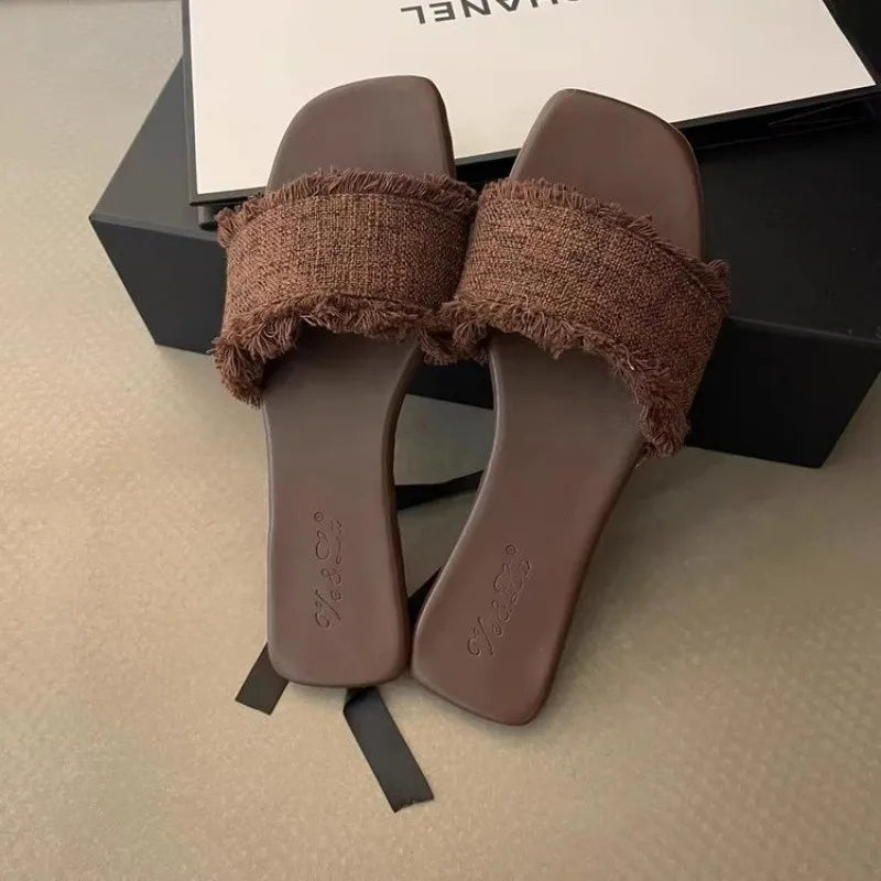 Women's Slippers Solid Color Open-toe Set Foot Vacation Beach Flat Sandals Casual Flip Flops Summer Indoor Women Slides Shoes - Belvar