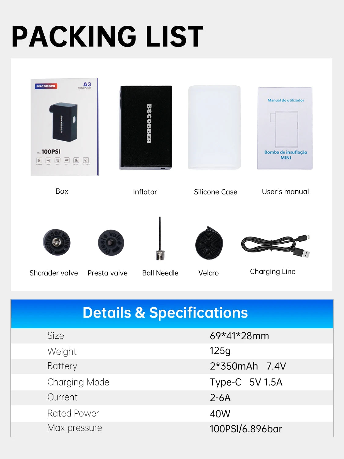Portable mini Pump for Bike Tires - Mini Air Compressor Cycling Tire Inflator 100PSI - Mountain Bike Road Bicycle Tire Pump