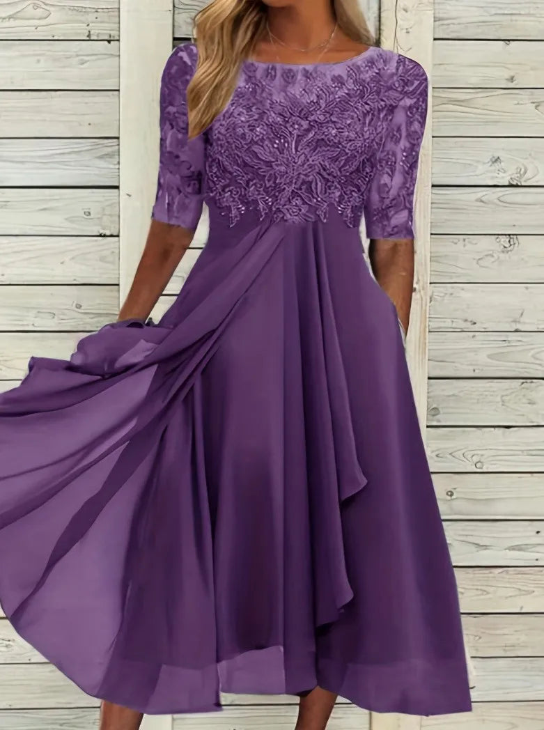 Womens Dresses Romantic Simple Dress With Chiffon Patchwork Lace Hollow Out Long Dress Bridesmaid Evening Dress Women's Wear