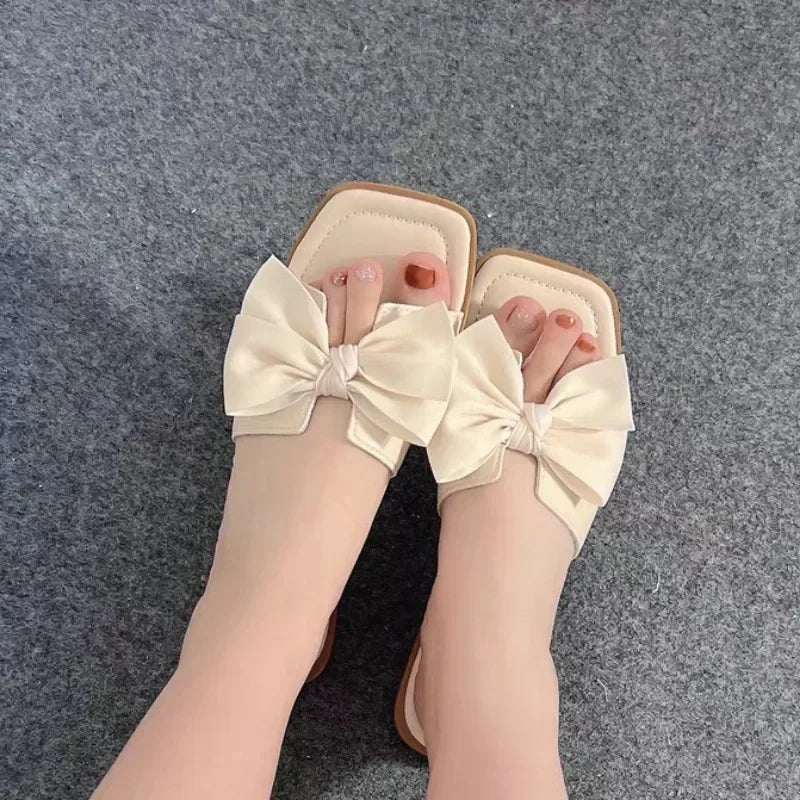 Bow slippers female summer wear new fashionable sweet girl flat bottom non-slip fairy wind word cool slippers female - Belvar