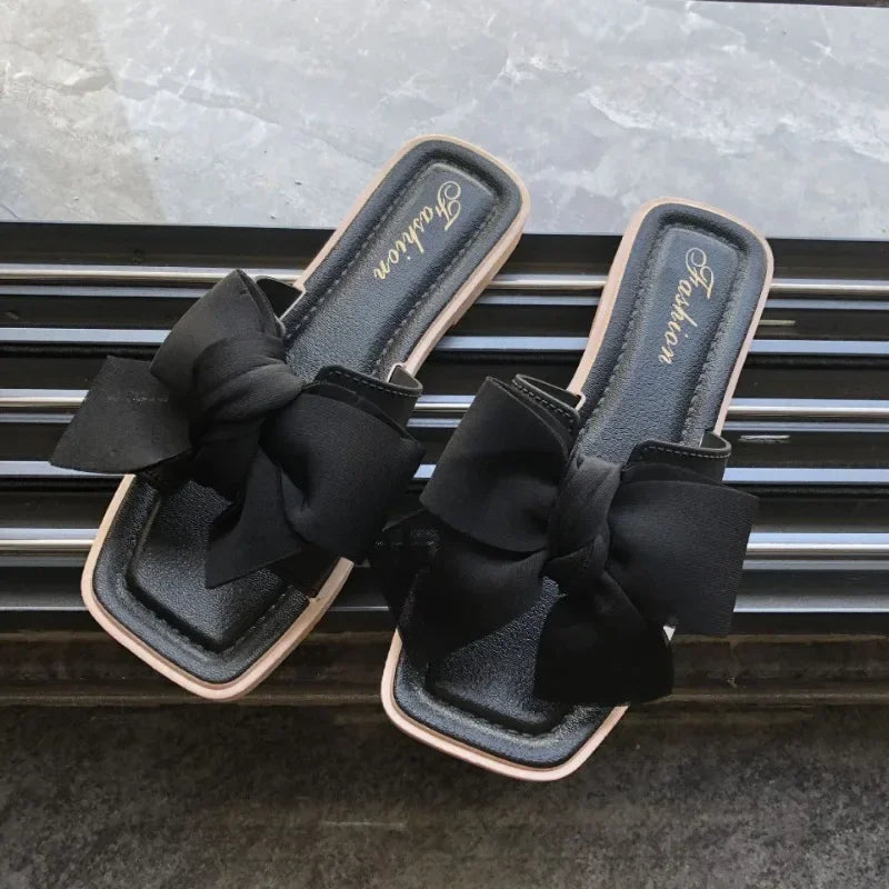 Bow slippers female summer wear new fashionable sweet girl flat bottom non-slip fairy wind word cool slippers female - Belvar
