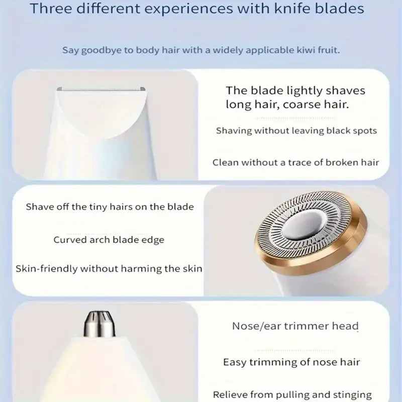 1pc Blissful 3-in-1 Electric Hair Removal Kit for Women - USB Rechargeable Facial Trimmer, Nose Hair Clipper, Full Body Epilator