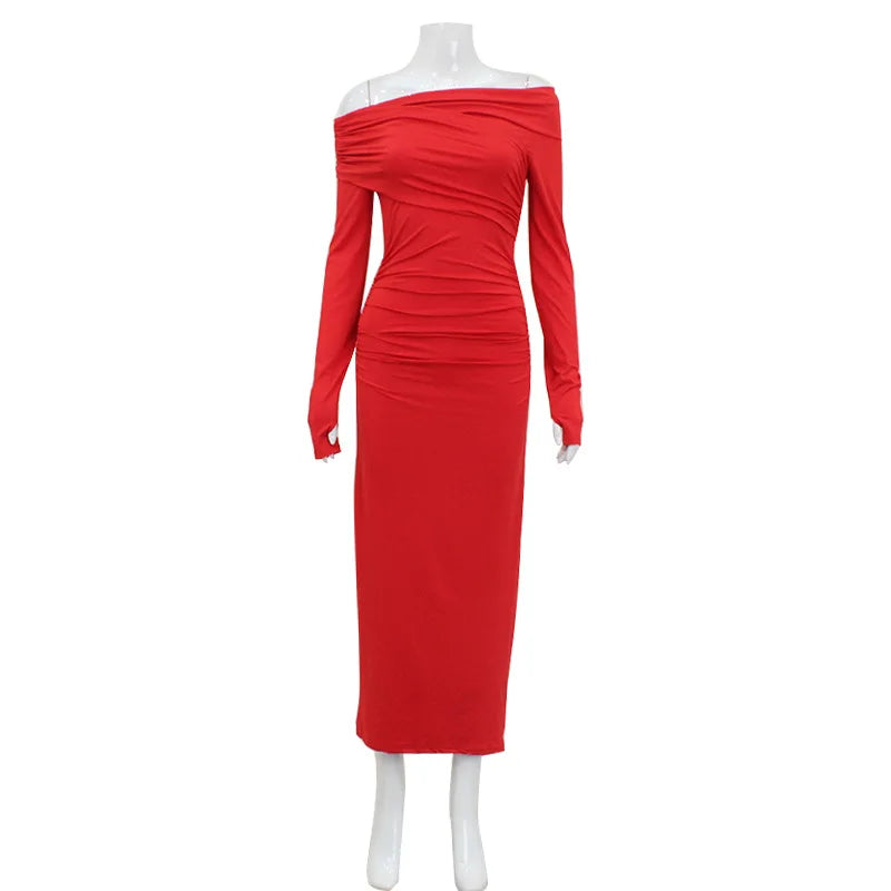 2025 New European and American Dresses for Women, One-shoulder Long-sleeved Temperament, Waist-packing Hip Skirt