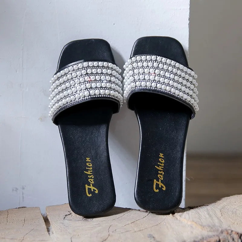 Flat Slippers Female 2025 Summer New Fashion Beach Non-slip Women's Slippers Outdoor Pearl Luxury Brand Designer Shoes Zapatos - Belvar
