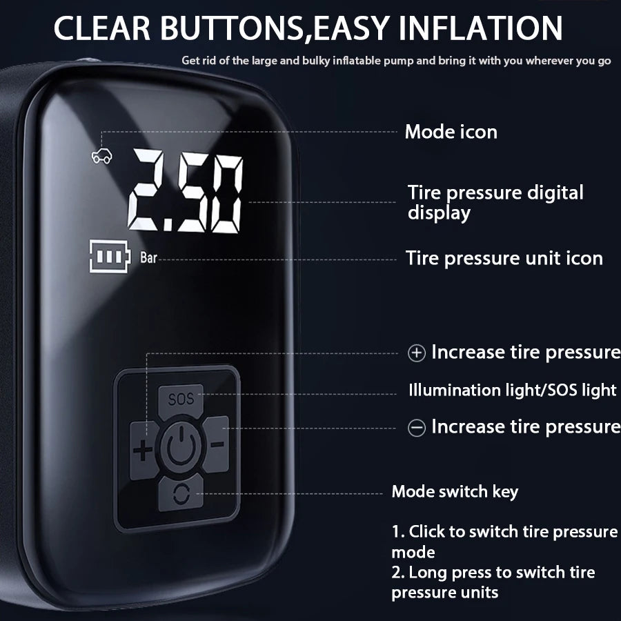 1PC Car Mounted Wireless Digital Display Inflation Pump Portable Wireless Air PumpTire Inflator for Electric Cars