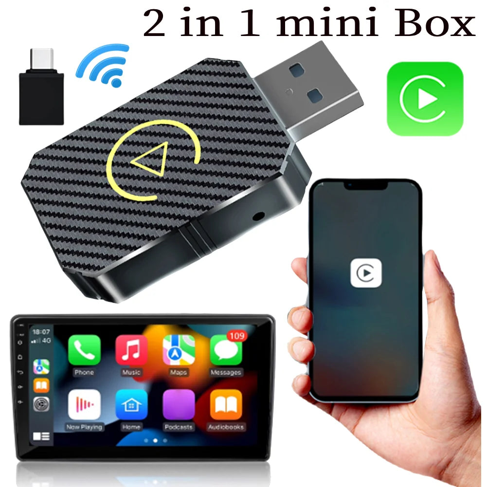 2025 2 in 1 Wireless CarPlay Android Auto Adapter WiFi BT5.0 Smart Dongle Plug&Play Mini Box for Wired CarPlay/Andriod Auto Cars