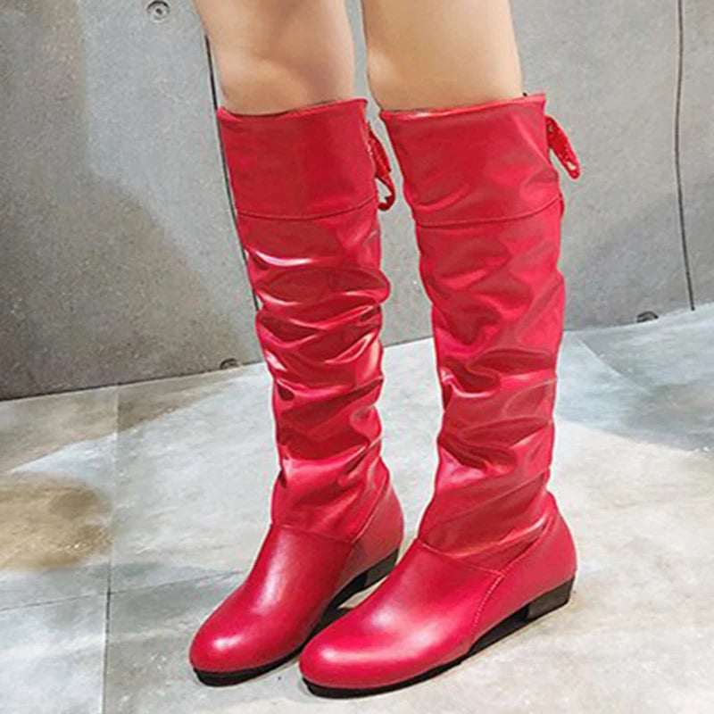 2023Shoes For Women Knee High Boots Red Black White Tall Boots Woman Pleated Low Heel Casual Leather Female Long Shoes - Belvar