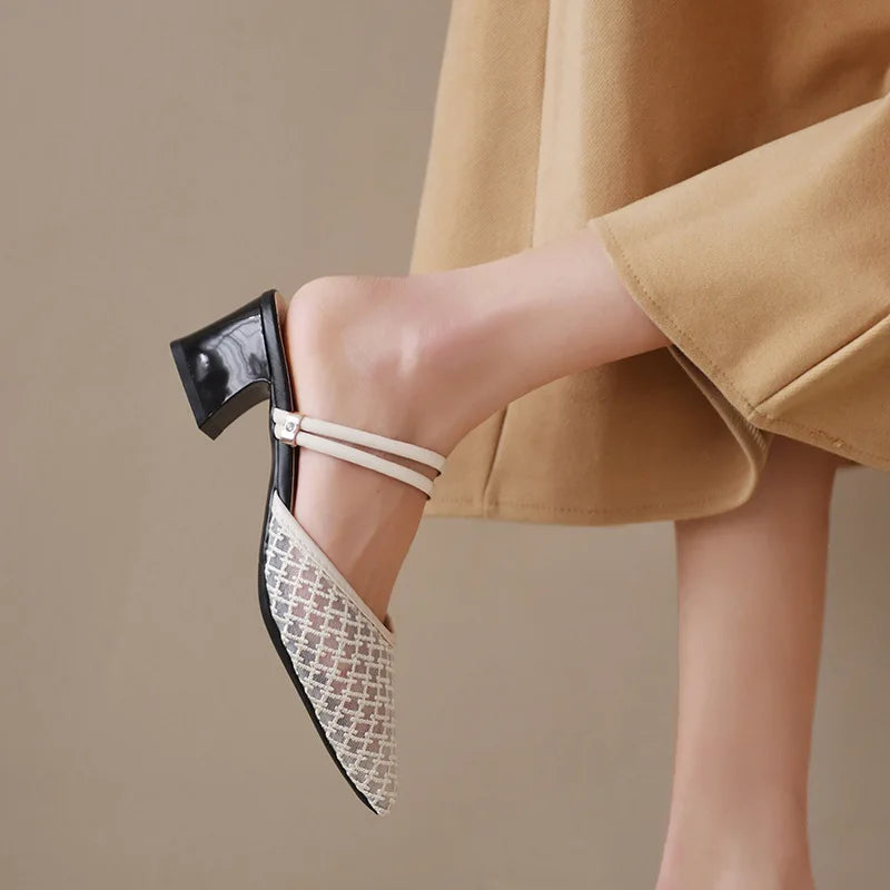 Women's New Slippers Minimalist Fashionable Thick-heeled Slip-on Sandals Summer Two-way Outer Wear One Line High Heel Slippers - Belvar
