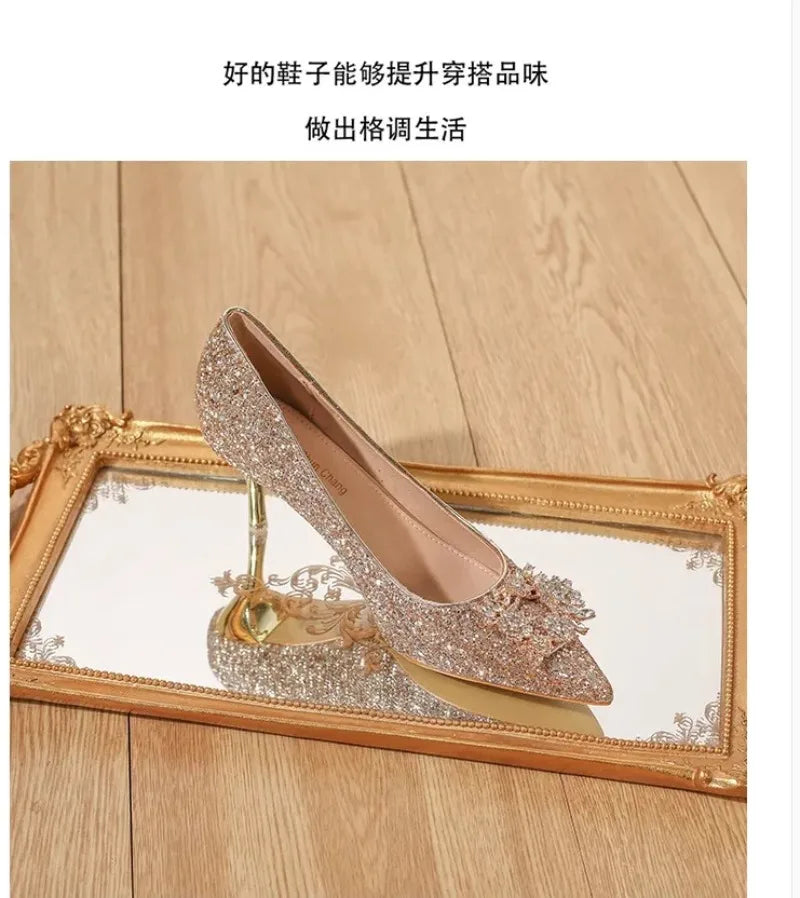 Womens High Heel Shoes Fad Elegant Crystal Pointed Toe Pumps Retro Shallow Mouth Banquet Party Wedding Women Shoes Zapatos Mujer - Belvar
