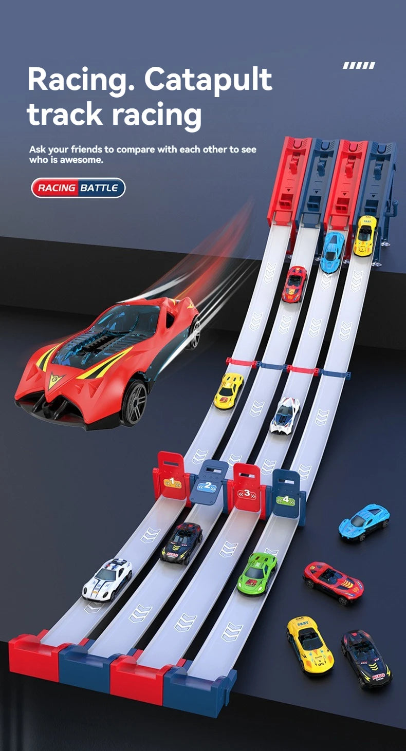 Rail Car Track with Racing Track Racing Set Toy Vehicle Alloy Car Kids Catapult Car Competitive Play Game for Children Gift DIY