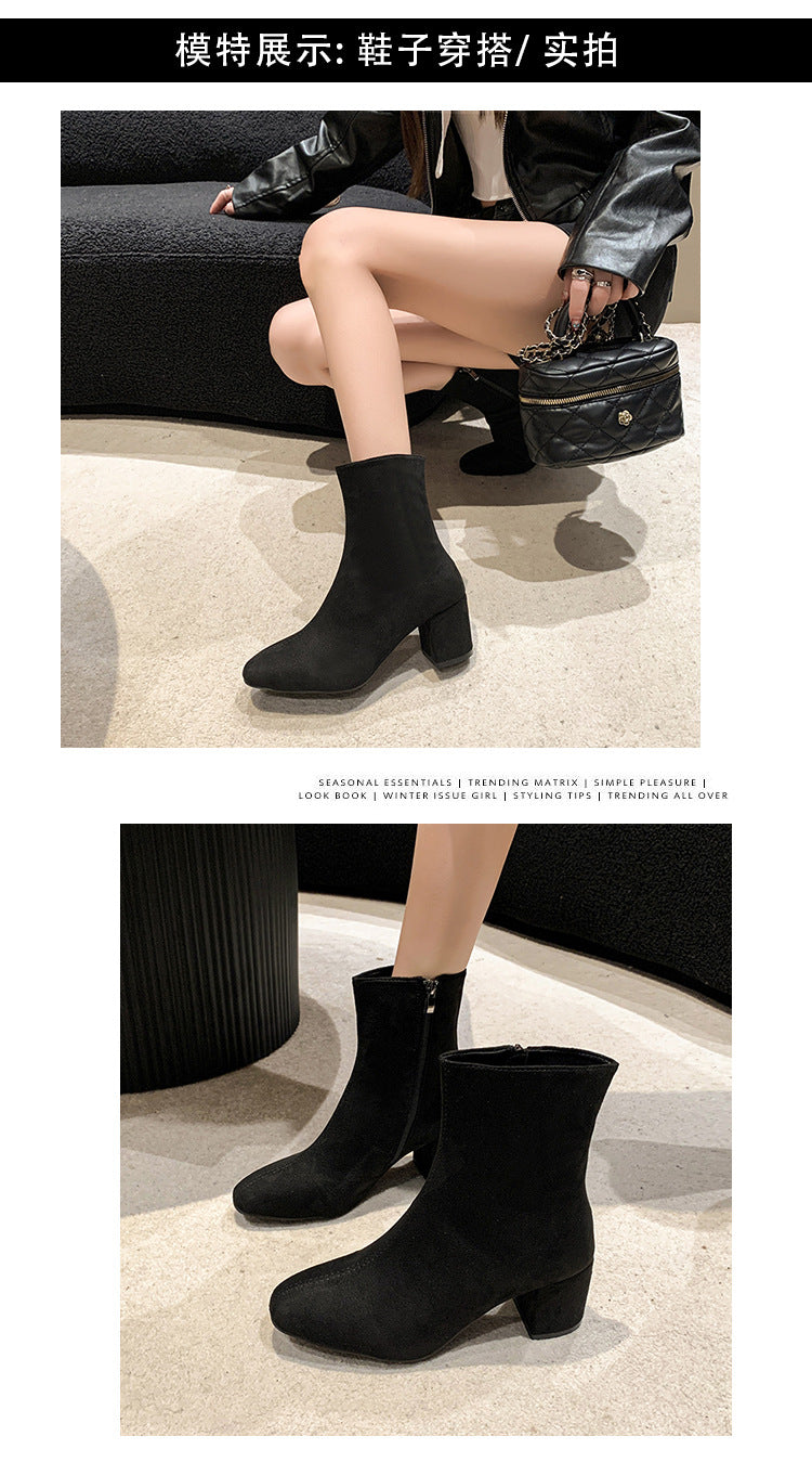 Ladies Shoes on Sale 2023 Zipper Women's Boots Autumn Square Toe Solid Short Barrel Shoes Female Chunky Heel Rider Boots Zapatos - Belvar