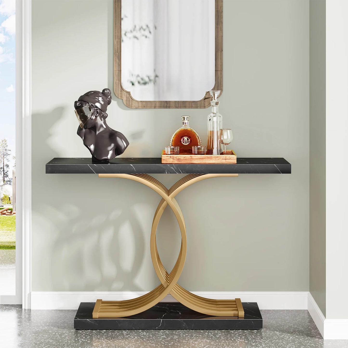 Tribesigns Gold Entryway Table, Modern 39-Inch Console Faux Marble Narrow Wood Sofa with Geometric Metal Legs