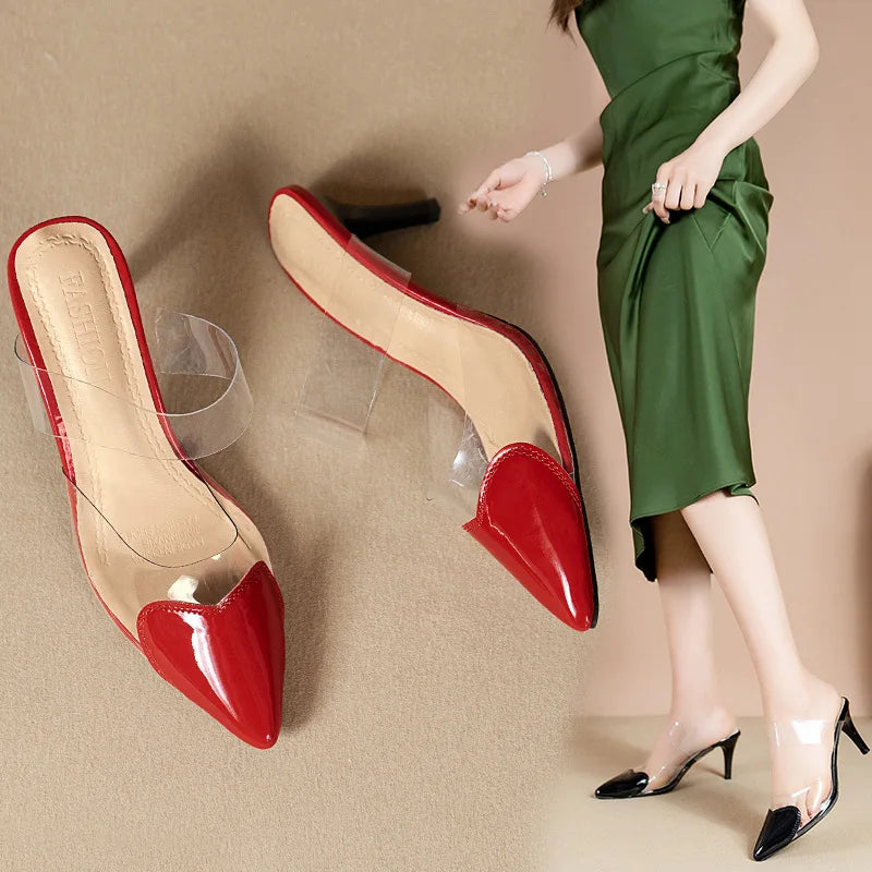 Pointed Toe Slippers,2024 High Heeled Summer Shoes,Transparent PVC Slides,Outside Wearing,Slip On,Black,White,Red,35-40,Dropship - Belvar
